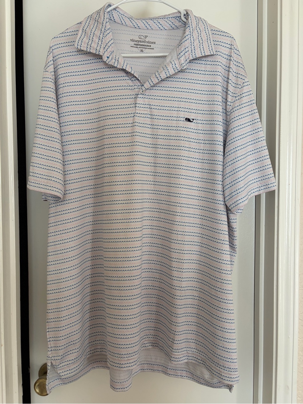 Vineyard Vines Performance Polo Shirt Mens XL White Blue Wave Print Sankaty